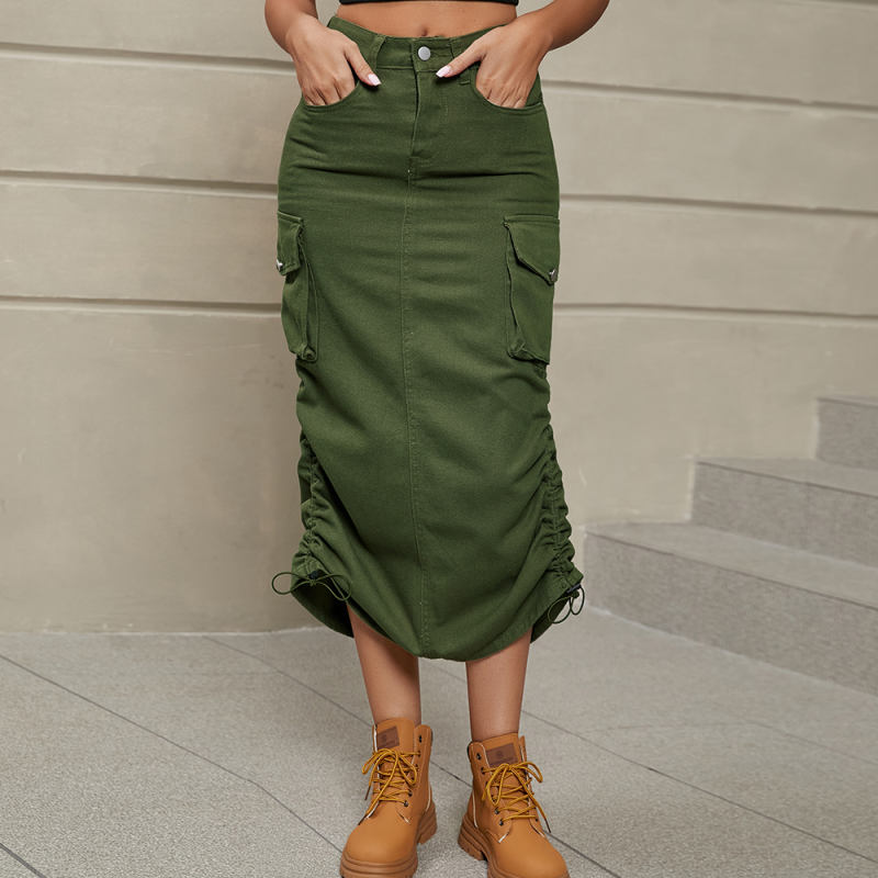 Army Green Multi Pockets Sides Drawstring Midi Skirt TQH360099-27