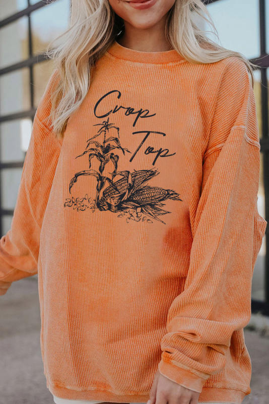 Orange Crop Top Corn Graphic Corded Sweatshirt LC25315247-2014