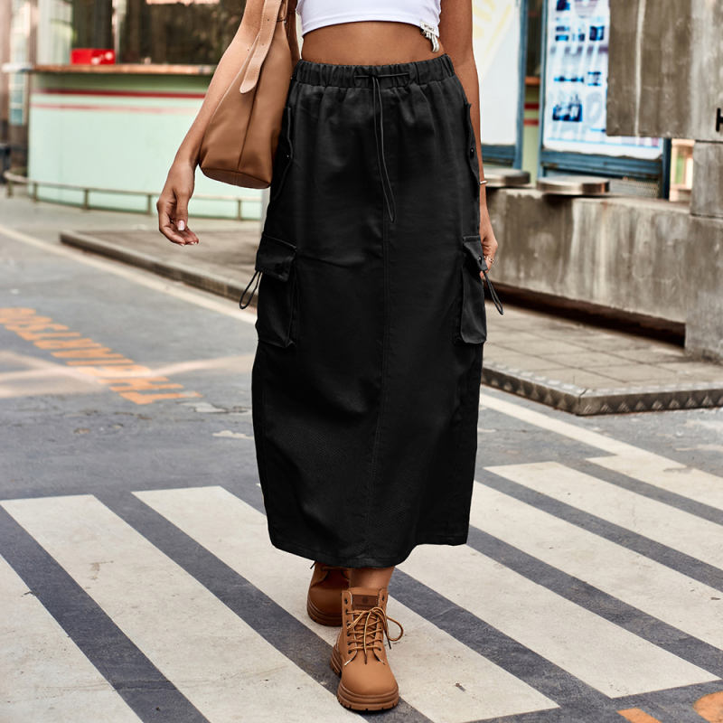 Black Solid Color Drawstring Waist Denim Skirt TQH360098-2