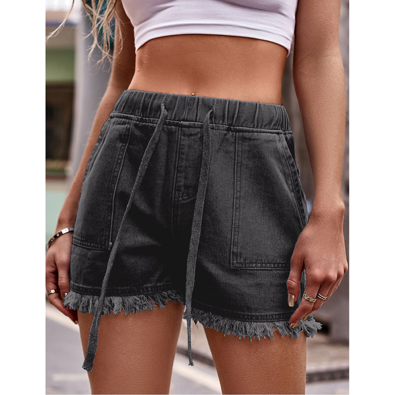 Dark Grey Blue Drawstring Elastic Waist Denim Shorts TQH530086-26