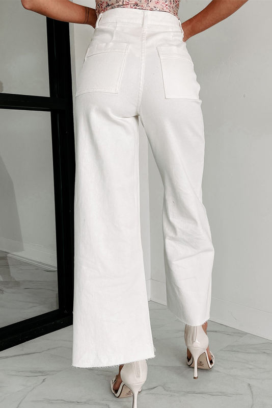 White Solid Raw Hem Wide Leg Crop Jeans LC7873886-1