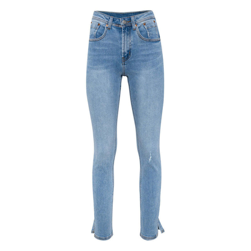 Light Blue Straight Leg Jeans with Slit TQH510090-30