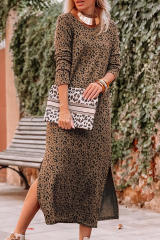 Leopard Round Neck Long Sleeve Split Dress LC6117381-20