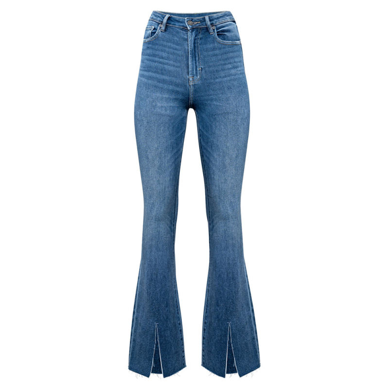 Blue High Waist Flared Jeans with Slits TQH510096-5