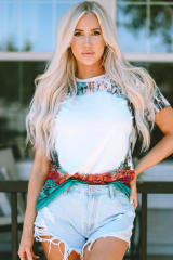 Green Bleached Western Print Blank Graphic T Shirt LC25220324-9