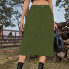 Army Green Washed Denim Midi Skirt with Pockets TQH360096-27