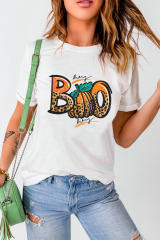 White BOO Pumpkin Leopard Print Crew Neck T Shirt LC25222629-1