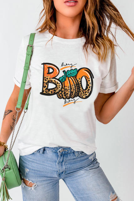 White BOO Pumpkin Leopard Print Crew Neck T Shirt LC25222629-1