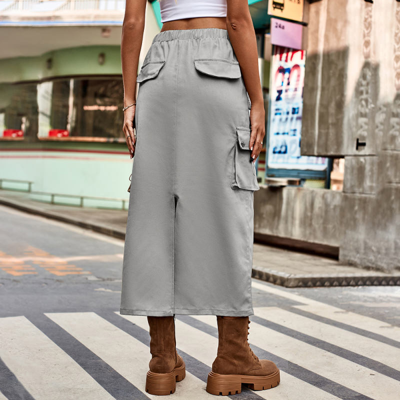 Light Gray Solid Color Drawstring Waist Denim Skirt TQH360098-25