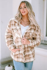 Khaki Sherpa Plaid Button Pocketed Jacket LC8512766-16