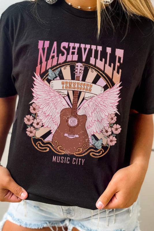 Black NASHVILLE Music City Graphic Print Short Sleeve Tee LC25222308-2