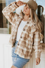Khaki Sherpa Plaid Button Pocketed Jacket LC8512766-16
