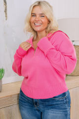 Rose Solid Ribbed Trim Plus Size Zip Collar Sweater PL272114-6