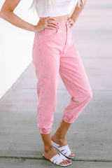 Pink Acid Wash Elastic Cuffed High Waist Jeans LC7873763-10