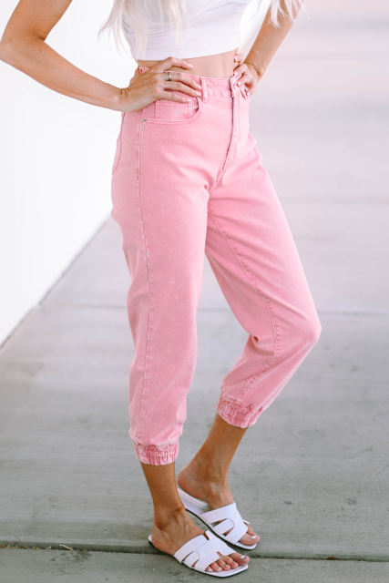 Pink Acid Wash Elastic Cuffed High Waist Jeans LC7873763-10