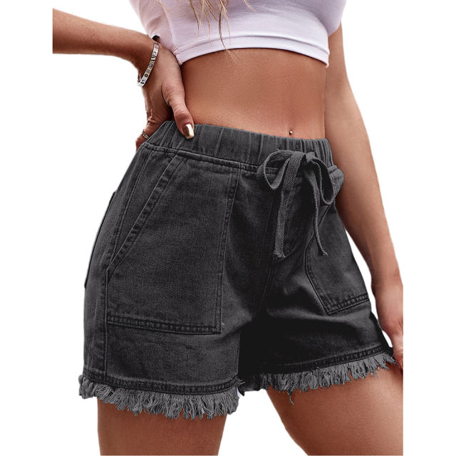 Dark Grey Blue Drawstring Elastic Waist Denim Shorts TQH530086-26