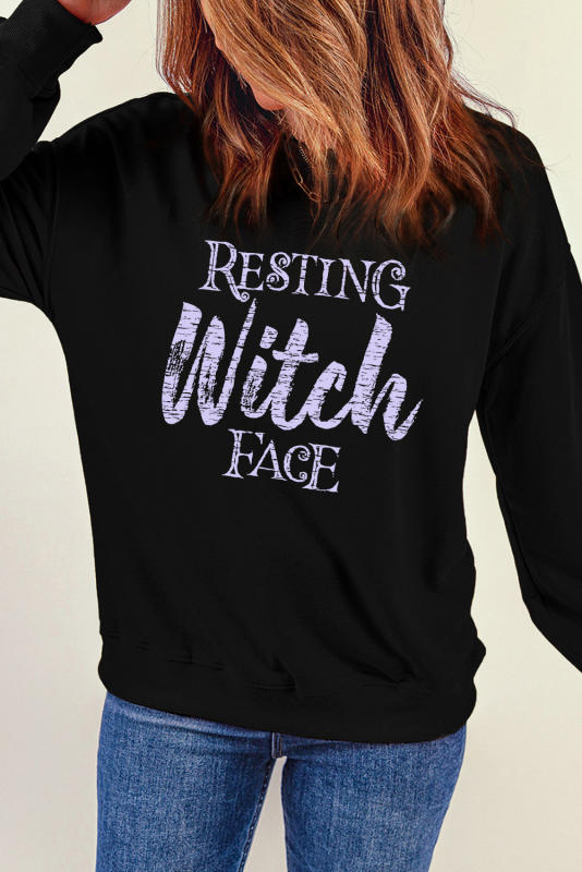 Black RESTING Witch FACE Graphic Pullover Sweatshirt LC25315329-2