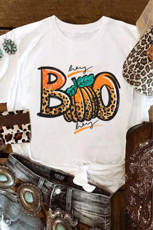 White BOO Pumpkin Leopard Print Crew Neck T Shirt LC25222629-1