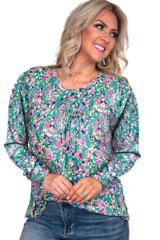 Green Floral Pleated Round Neck Long Sleeve Blouse LC25122450-9