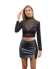 Black Sheer Mesh Mock Neck Crop Top TQL210134-2
