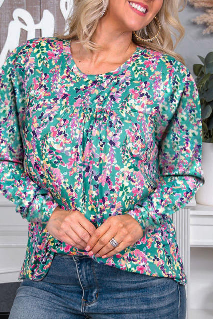 Green Floral Pleated Round Neck Long Sleeve Blouse LC25122450-9