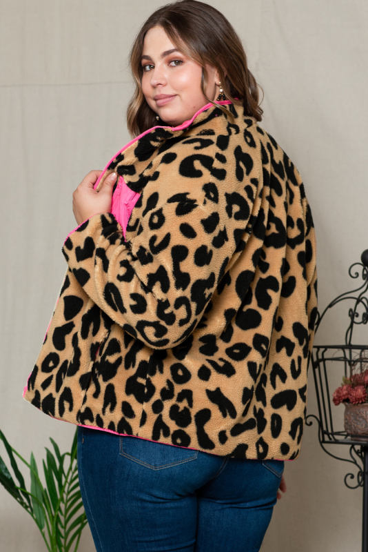 Black Leopard Colorblock Long Sleeve Plus Size Top PL253232-2