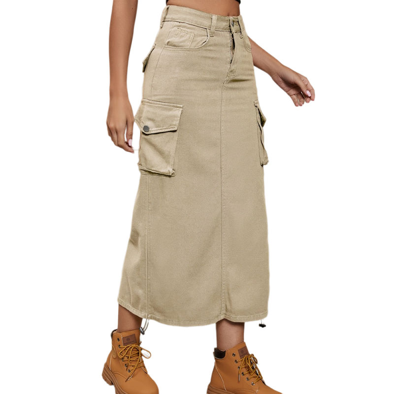 Khaki Multi Pockets Sides Drawstring Midi Skirt TQH360099-21