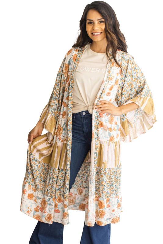 Multicolor Wide Sleeve Mixed Floral Print Long Kimono LC2541876-22