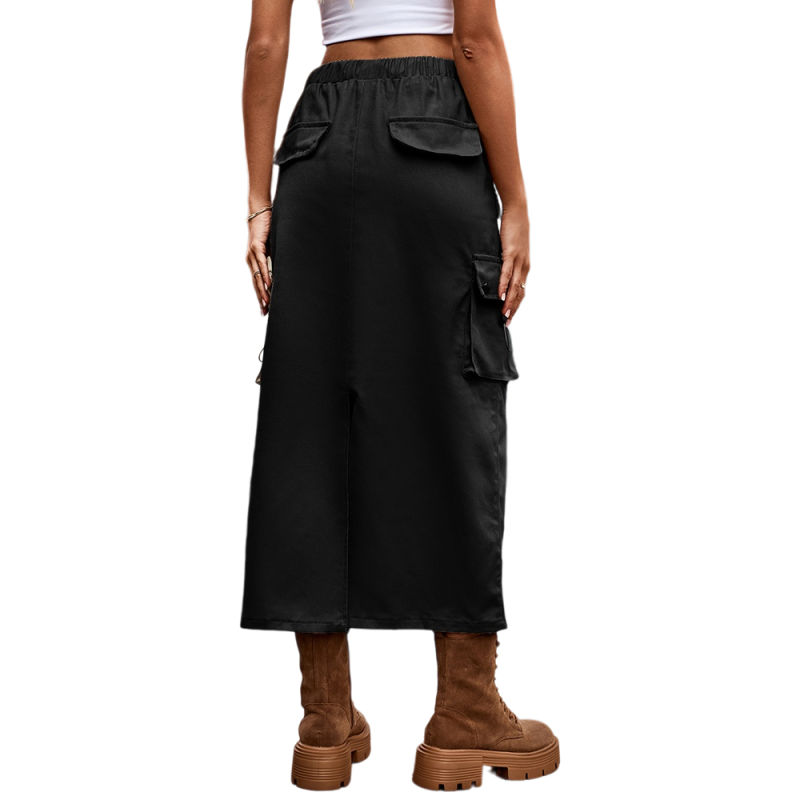 Black Solid Color Drawstring Waist Denim Skirt TQH360098-2