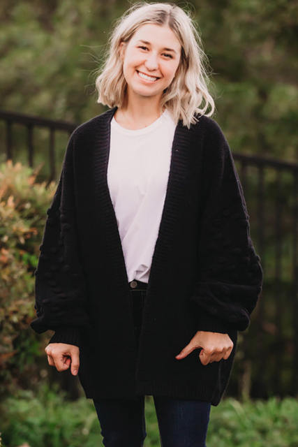 Black Pom Pom Detail Open Front Plus Size Cardigan PL271028-2