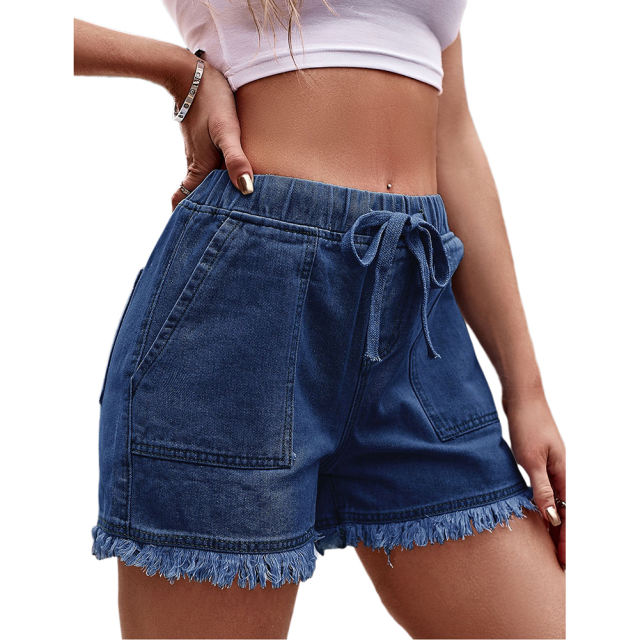 Dark Blue Drawstring Elastic Waist Denim Shorts TQH530086-34