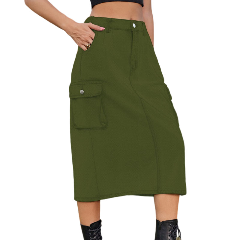 Army Green Washed Denim Midi Skirt with Pockets TQH360096-27