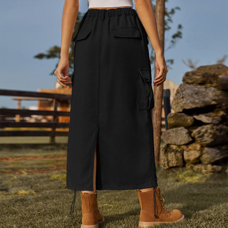 Black Drawstring Midi Skirt with Pocket TQH360094-2