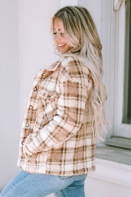 Khaki Sherpa Plaid Button Pocketed Jacket LC8512766-16
