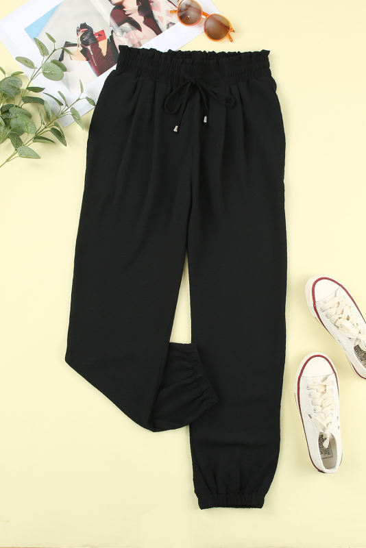 Black Solid Color Drawstring Smocked Waist Joggers LC7711255-2