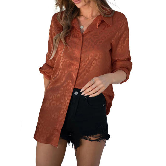 Brown Leopard Print Satin Jacquard Shirt TQG220028-17