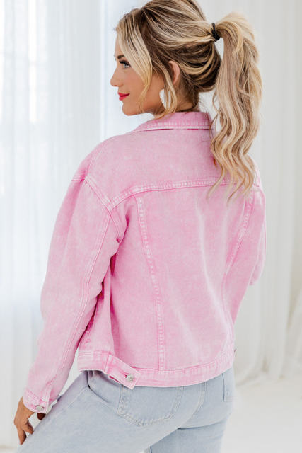 Pink Acid Wash Button Flap Pocket Denim Jacket LC788309-10