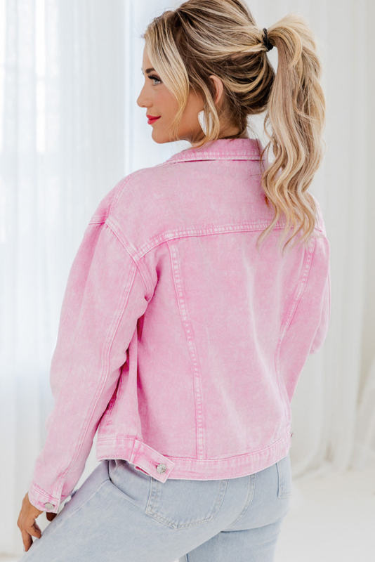 Pink Acid Wash Button Flap Pocket Denim Jacket LC788309-10