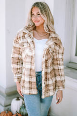 Khaki Sherpa Plaid Button Pocketed Jacket LC8512766-16