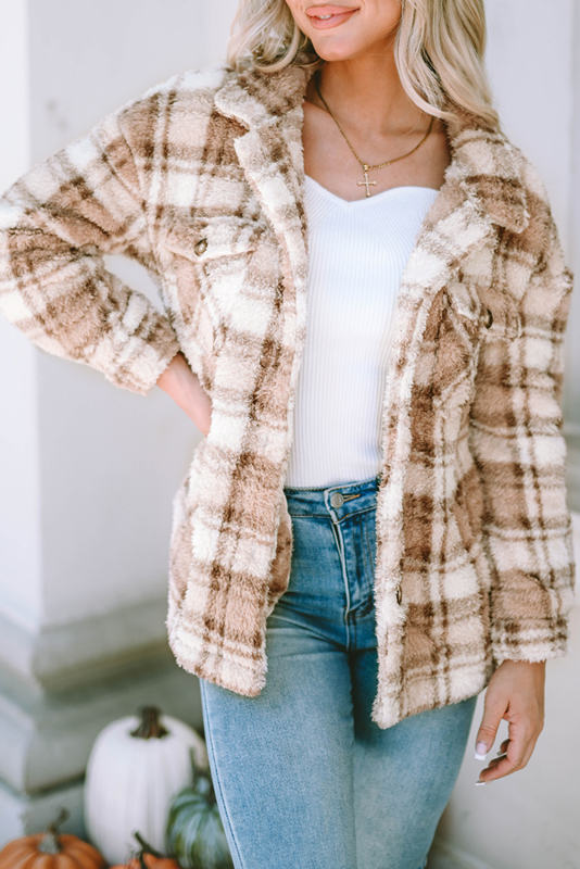 Khaki Sherpa Plaid Button Pocketed Jacket LC8512766-16