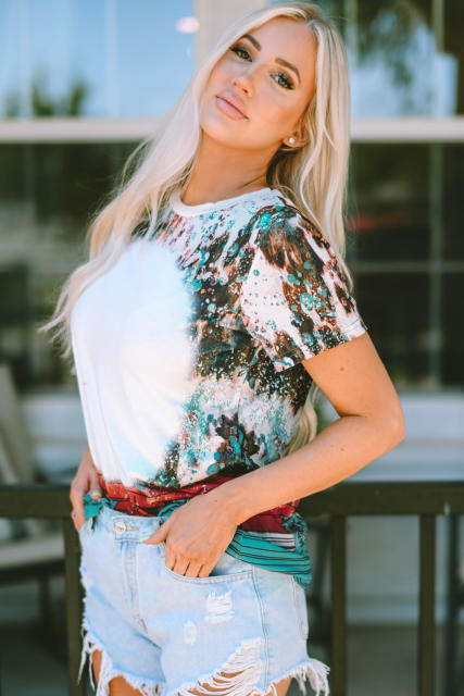 Green Bleached Western Print Blank Graphic T Shirt LC25220324-9