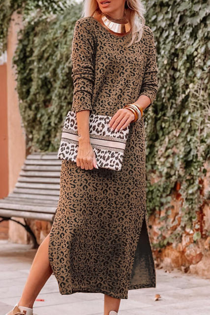Leopard Round Neck Long Sleeve Split Dress LC6117381-20