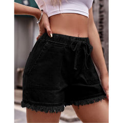 Black Drawstring Elastic Waist Denim Shorts TQH530086-2