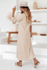 Khaki Striped V-neck Long Sleeve Casual Dress  LC6117386-16