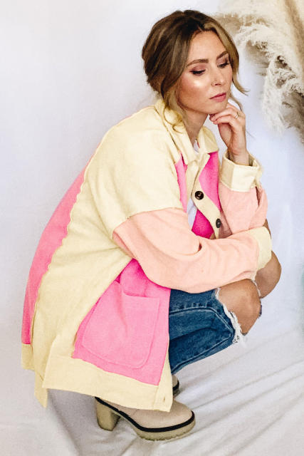 Rose Color Block Patchwork High Low Fleece Shacket LC8512803-6