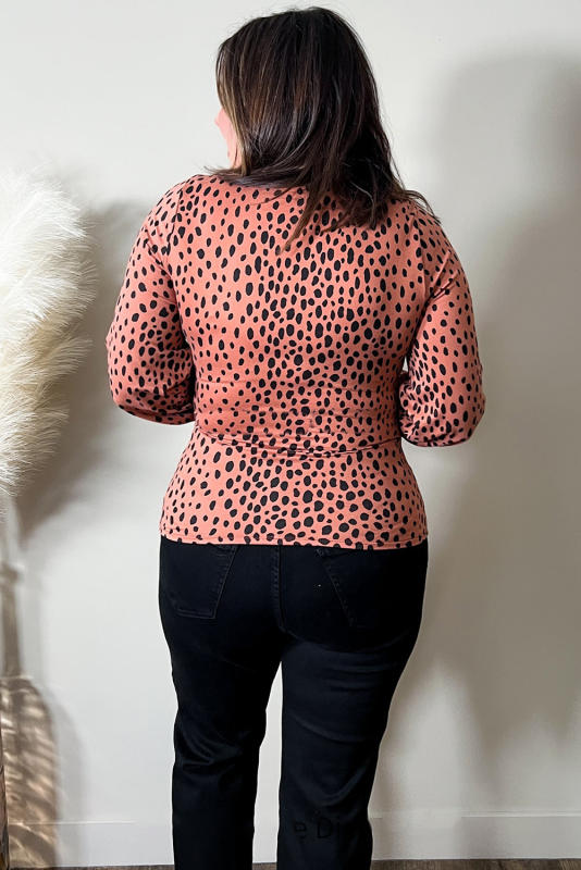 Leopard Plus Size Puff Sleeve V Neck Lace-up Slim Top PL2511153-20