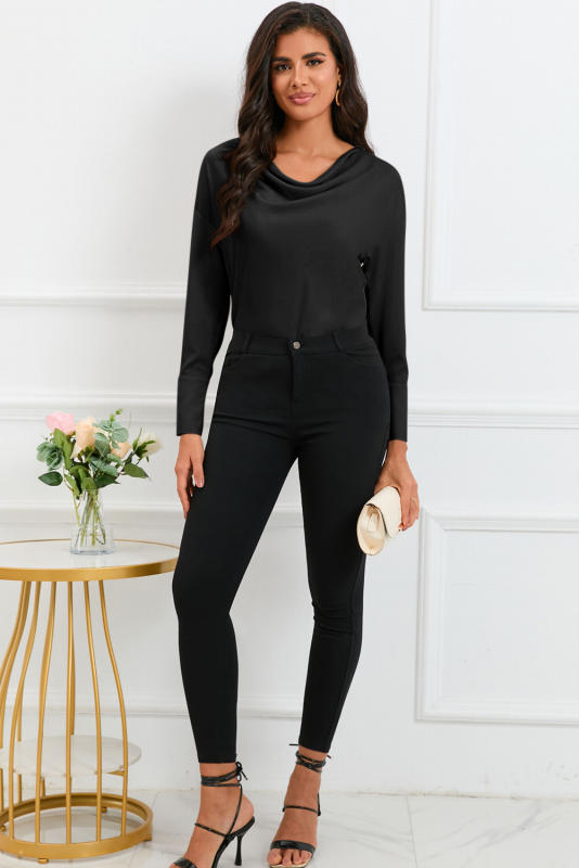 Black Cowl Neck Long Sleeve Elegant Blouse LC25122548-2