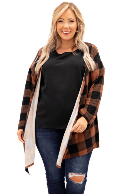 Brown Plus Size Plaid Pattern Open Front Cardigan PL254133-17