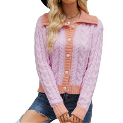 Purple Contrast Lapel Collar Knit Cardigan