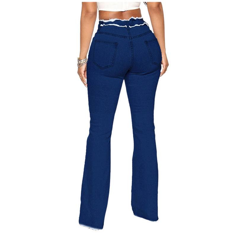 Dark Blue Elastic Mid-waist Raw Hem Jeans